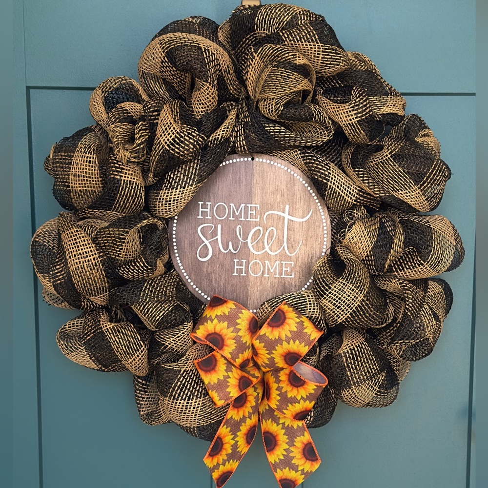 Rustic Farmhouse Wreath Home Sweet Home Black & Tan Buffalo Check Year-Round